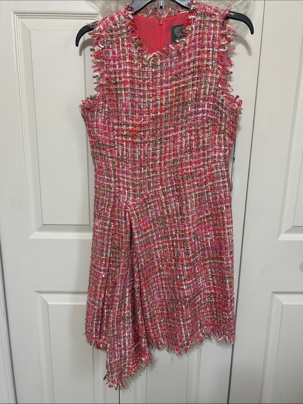 NWT Vince Camuto women’s dress 👗 pink tweed multi Sz 6 sleeveless asymmetrical